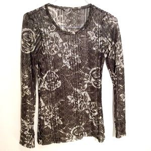 Fitted BKE Long Sleeve Sheer Mesh Lace Top.  Size M